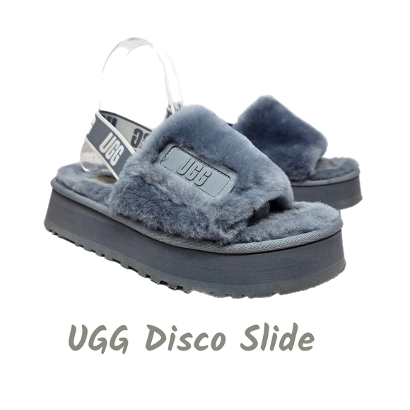 Ugg Womens Disco Slide Shoes Size 9 Gray Fluffy Sherling Back Stretch Strap - Picture 1 of 14